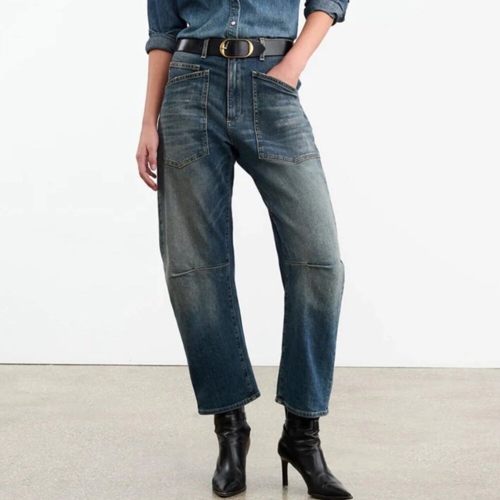 Nili Lotan Shon Denim Cropped Jean Pant Barrel Leg Hi Waist 24 Classic Wash